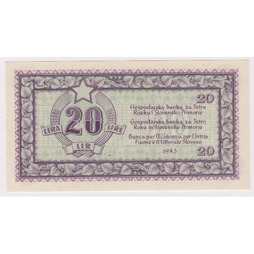 933 - Yugoslavia 20 Lir Lire dated 1945, State Bank for Istria, Fiume and Slovene Coastal Area, without se... 