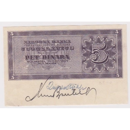 934 - Yugoslavia 5 Dinara dated 1950 without serial number, with extra paper at bottom with hand signature... 