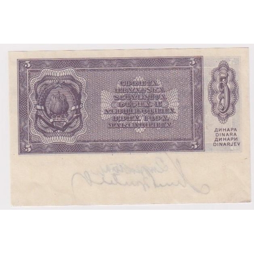 934 - Yugoslavia 5 Dinara dated 1950 without serial number, with extra paper at bottom with hand signature... 