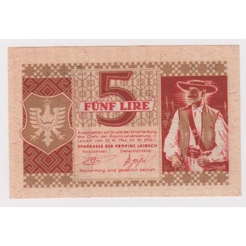 935 - Yugoslavia 5 Lir dated 1944, Laibach Province, German Occupation WW2, serial A 015322 (PickR19) Unci... 