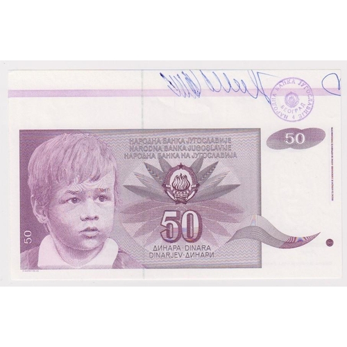 936 - Yugoslavia 50 Dinara dated 1990 without serial number, with extra paper at top showing colour bars w... 