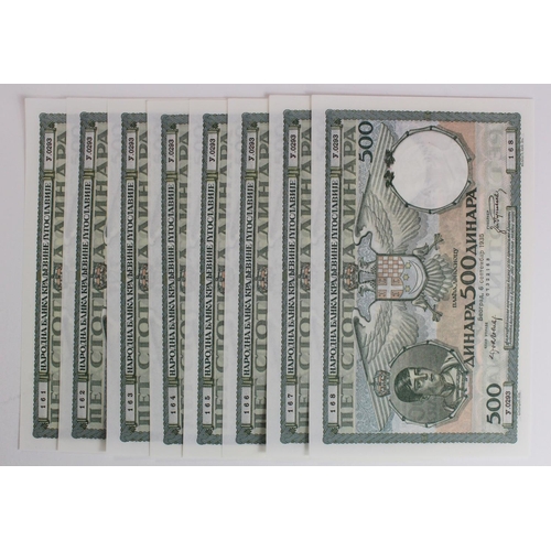 939 - Yugoslavia 500 Dinara (8) dated 6th September 1935, a consecutively numbered run, serial Y.0293 161 ... 