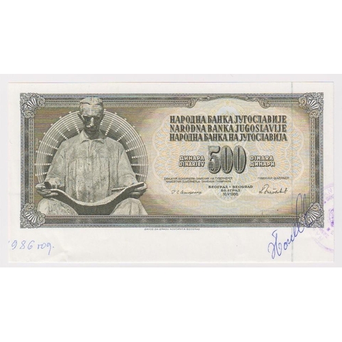 940 - Yugoslavia 500 Dinara dated 1986 without serial number, with extra paper at bottom with bank stamp a... 