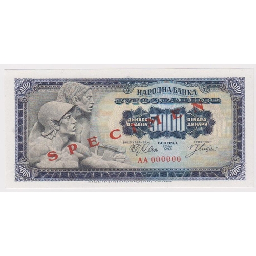 943 - Yugoslavia 5000 Dinara dated 1st May 1963 SPECIMEN note serial AA 000000, diagonal 'SPECIMEN' overpr... 