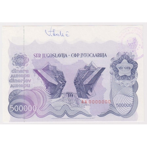 945 - Yugoslavia 500000 Dinara dated 1989 serial number AA 0000000, with extra paper at top with bank stam... 