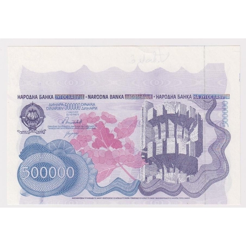 945 - Yugoslavia 500000 Dinara dated 1989 serial number AA 0000000, with extra paper at top with bank stam... 