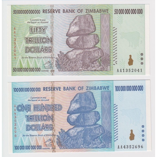 947 - Zimbabwe (2), 100 Trillion Dollars & 50 Trillion Dollars dated 2008, the two highest denominations i... 