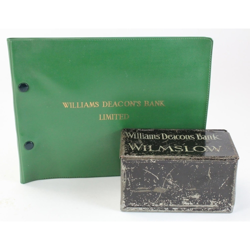 97 - Williams Deacons Bank Limited metal black box with hinged lid, Wilmslow Branch, scratches and paint ... 