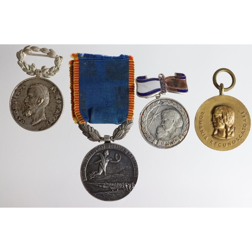 1004 - Romanian Medals (4): Second Balkan War 1913 EF with ribbon, a Carol I silver(?) issue EF, a Communis... 