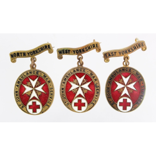 1025 - St. John Ambulance War Service badges (3) for North, East & West Yorkshire numbered 8705, 5576A and ... 