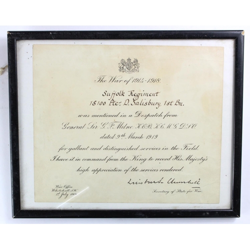 1027 - Suffolk Regiment a WW1 Mention in Despatches certificate, 18100 Private D Salisbury 1st Bn 9th March... 