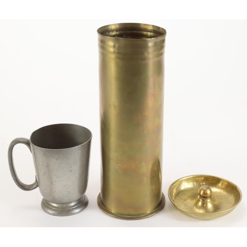 1041 - Trench Art 10th Royal Hussars brass ashtray, XRH pewter mug and an April, 1909 brass shell. (3 items... 