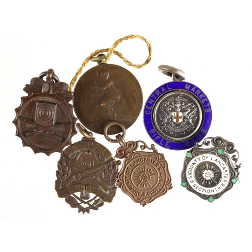 1045 - Various Shooting medals, fobs, pin badge. Two silver hallmarked. Noted 'County of Lancaster R.A. (S.... 