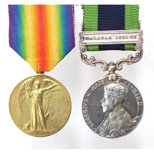 1050 - Victory Medal (1342 Cpl A Payne, Suffolk Regt) and IGS GV with Malabar 1921-22 clasp (5820833 Pte A ... 