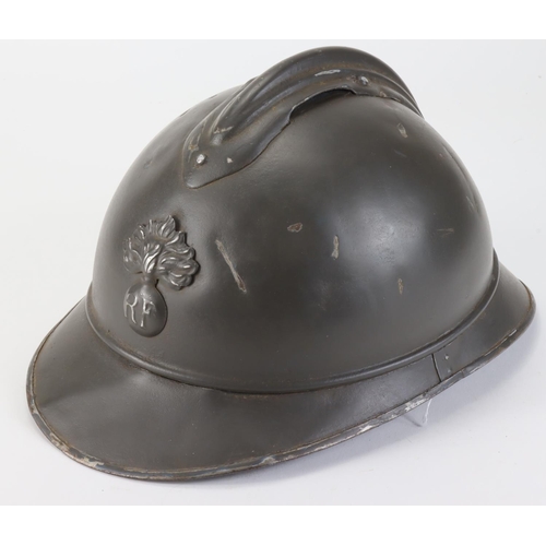 1082 - WW1 French M15 Adriane Infantry helmet and liner with late WW1 re-paint to dark grey as the blue sto... 