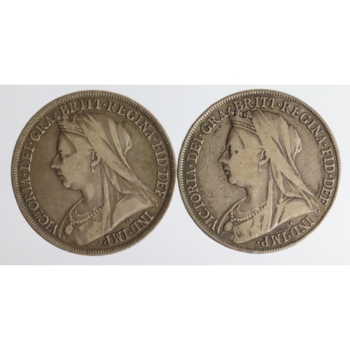 1219 - Crowns (2) Queen Victoria veiled head: 1896 LIX Bull 2600 GF, and 1898 LVII higher relief portrait a... 