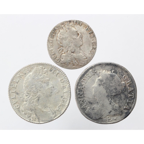 1226 - Early Milled Silver (3): Shilling 1697N (Norwich) first bust S.3501 scuffed VG, Shilling 1708 E* (Ed... 