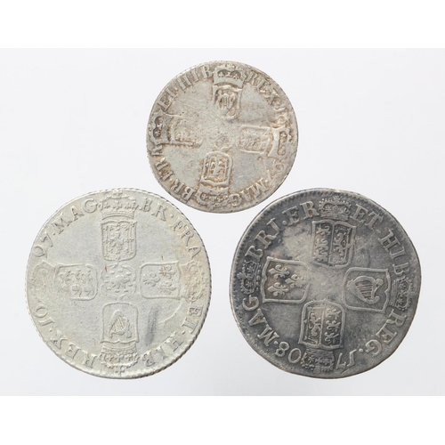 1226 - Early Milled Silver (3): Shilling 1697N (Norwich) first bust S.3501 scuffed VG, Shilling 1708 E* (Ed... 