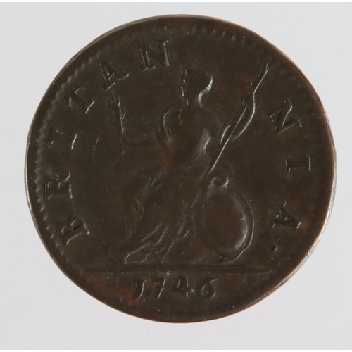 1230 - Farthing 1746 V/U in GEORGIVS, Peck 888- ER. Minor edge bumps, GF