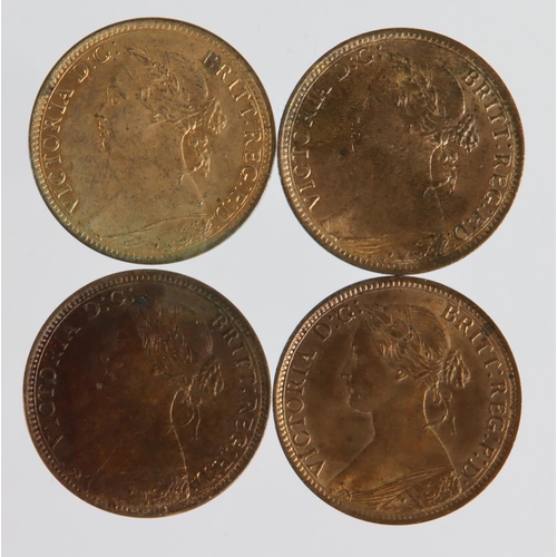 1244 - Farthings (4) Queen Victoria 'bun head' bronze: 1860 F.501 (5 berries), 1873, 1887 (scarce) and 1890... 