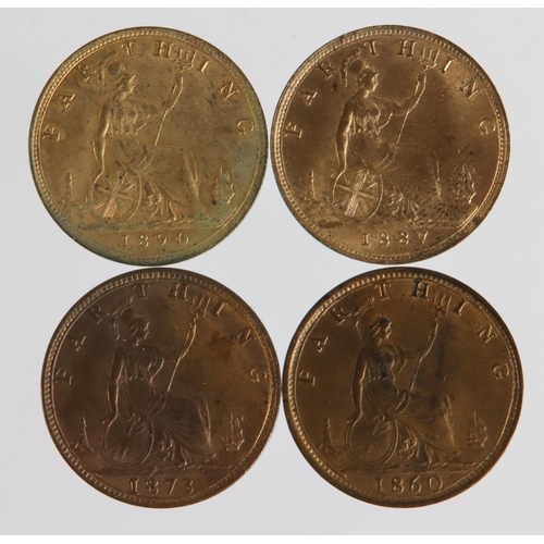 1244 - Farthings (4) Queen Victoria 'bun head' bronze: 1860 F.501 (5 berries), 1873, 1887 (scarce) and 1890... 