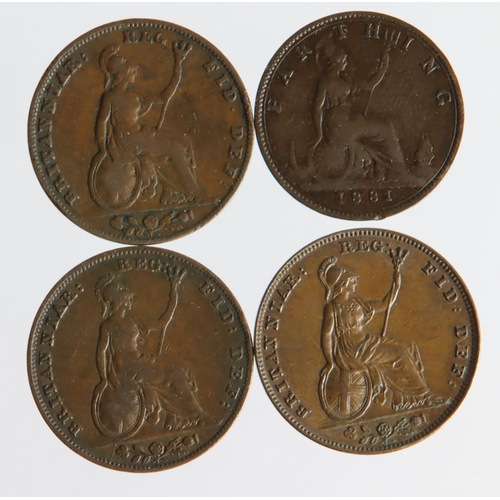 1245 - Farthings (4) Queen Victoria varieties: 1840 anomalous trident? aEF, 1842 large '42' with open 2 (Co... 