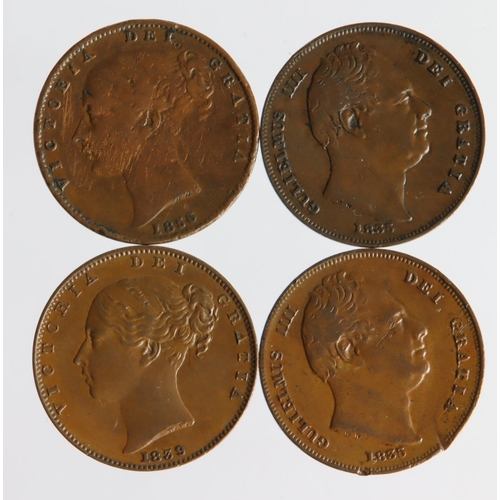 1246 - Farthings (4): 1835 nEF, ditto aEF edge knocks, 1839 EF, and 1856 R/E in VICTORIA cleaned GF