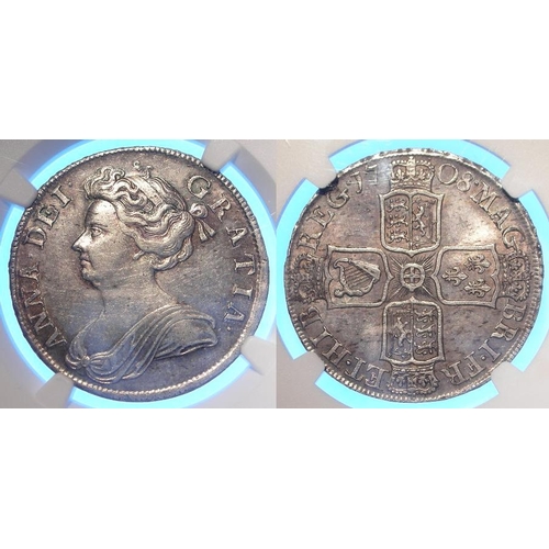 1270 - Halfcrown 1708 Septimo, plain angles, S.3604, slabbed NGC AU58