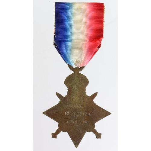 129 - 1914 Star named 1110 Pte D Duncan 2/R.Highrs. With copy Aug-Nov clasp. Died 1st March 1916 serving w... 