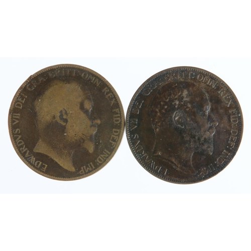 1360 - Pennies (2) Edward VII varieties: 1902 low tide, dark nEF, and 1903 open 3, VG/nF