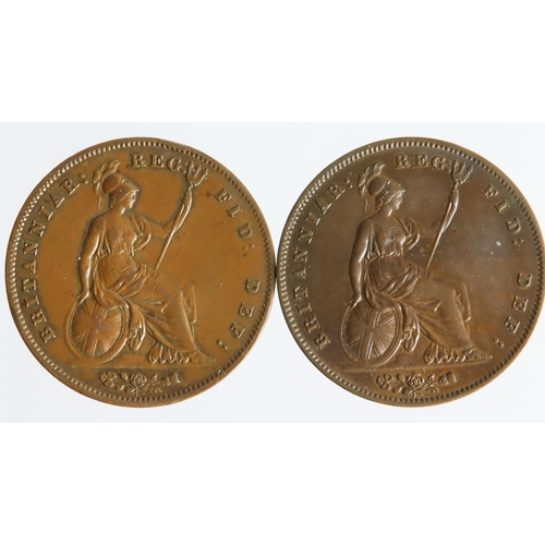 1364 - Pennies (2) Queen Victoria young head copper: 1858 OT aEF edge knock, and 1859 OT EF edge knock.