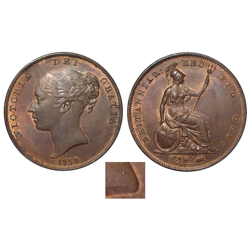 1381 - Penny 1858 large date, no WW, small raised dot at back of truncation (unlisted?) AU with some lustre... 