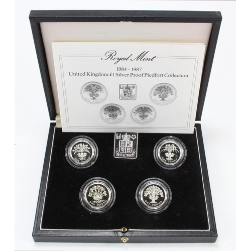 1411 - Royal Mint: 1984 - 1987 UK £1 Silver Proof Piedfort Collection, FDC cased with cert.