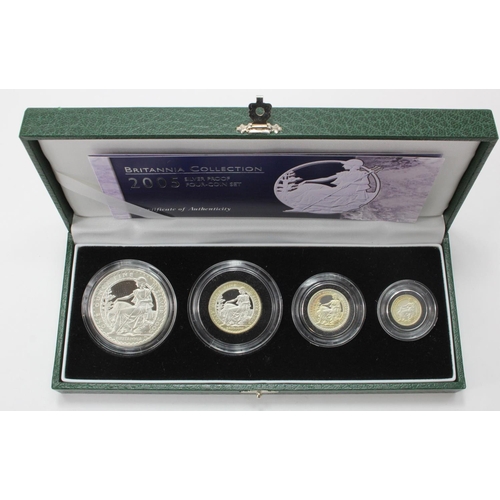 1415 - Royal Mint: 2005 Silver Proof Britannia Collection (4 coins) FDC, a little toning, cased with cert.