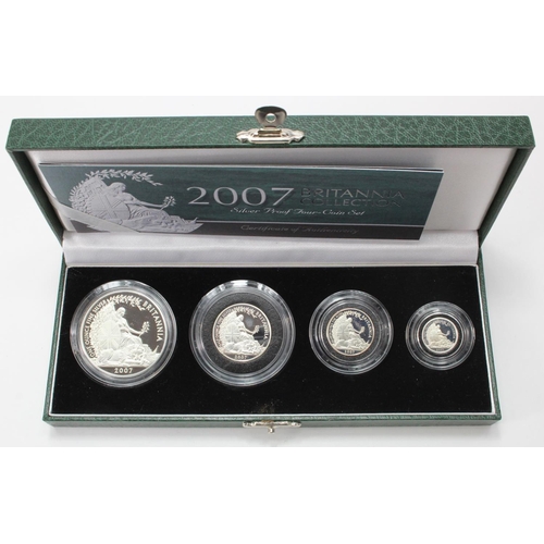 1416 - Royal Mint: 2007 Silver Proof Britannia Collection (4 coins) FDC, a little toning, cased with cert.