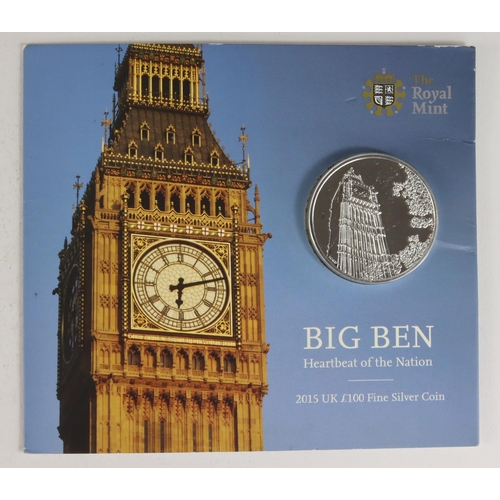 1417 - Royal Mint: Big Ben silver £100 2015 BU in presentation pack (packaging slightly creased)