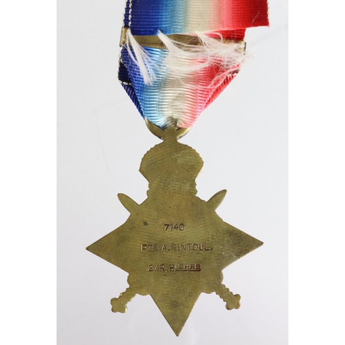 142 - 1914 Star with copy slide on Aug-Nov clasp, named (7140 Pte A Rintoul 2/R.Highrs). Copied research s... 