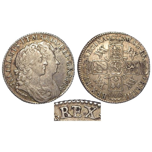 1424 - Shilling 1692, RE over ET in REX reverse, Bull 365- Rare, unlisted in ESC before 2015, GF