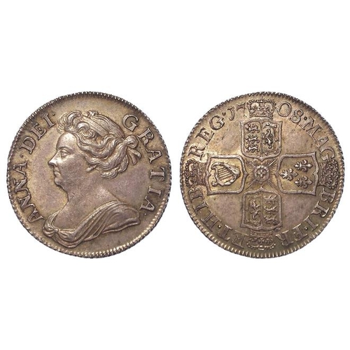 1427 - Shilling 1708 3rd bust, plain angles, S.3610, toned EF-GEF