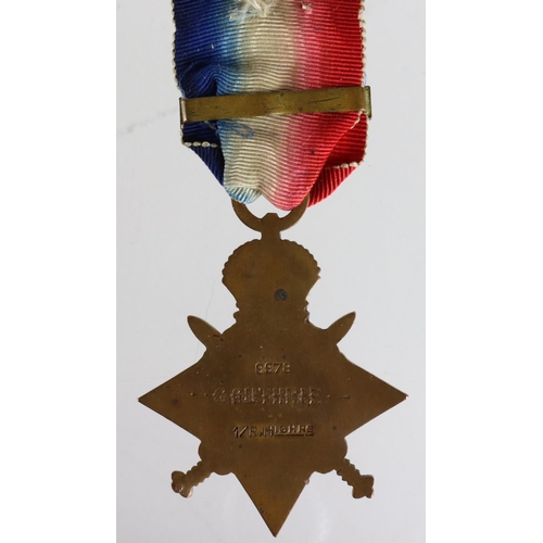 143 - 1914 Star with old slide on Aug-Nov clasp, the medal is officially impressed 9978 1/R.Highrs. The na... 