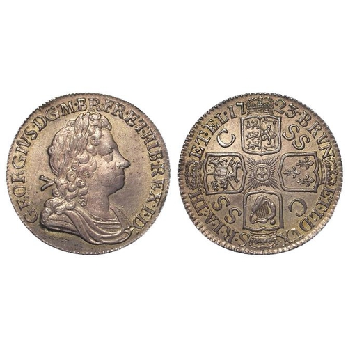 1432 - Shilling 1723 SSC, S.3647, toned nEF, cleaned in antiquity, high grade but ex-mount with edge smooth... 