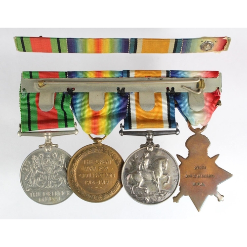 145 - 1914 trio with original slip on bar and WW2 defence medal all mounted for wearing to 27038 DVR G H B... 