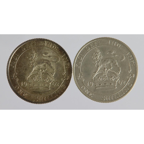 1467 - Shillings (2) Edward VII: 1902 matte proof GEF light hairlines, and 1902 currency issue, lightly ton... 