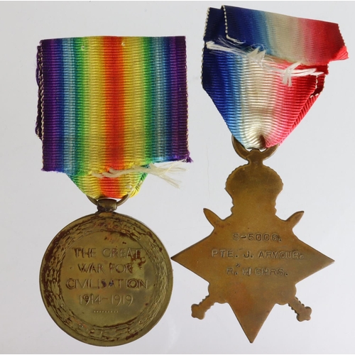 149 - 1915 Star & Victory Medal to S-5006 Pte J Armour R.Highrs. Wounded 1916. (2)