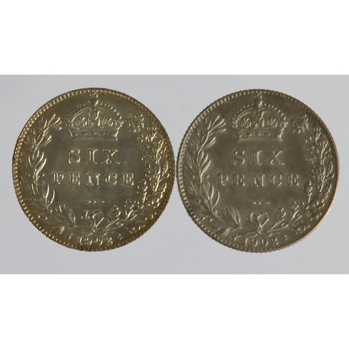 1491 - Sixpences (2) Edward VII: 1902 matte proof, light grey aFDC, and 1902 currency issue GEF/EF, hairlin... 