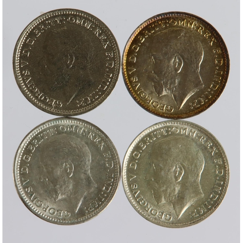 1506 - Threepences, silver (4) George V: 1911 lightly toned UNC, 1912 EF, 1926 ME GEF, and 1928 UNC