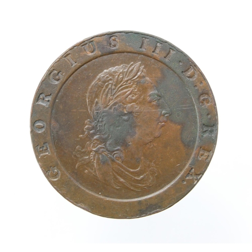 1507 - Twopence 1797 copper 'cartwheel', VF with unusual die flaw on the 9 of date.