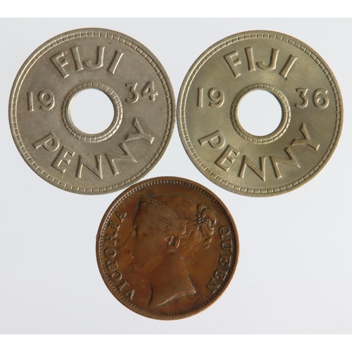 1515 - British Commonwealth (3): Fiji Pennies: 1934 GEF, 1936 lightly toned UNC, and Straits Settlements EI... 