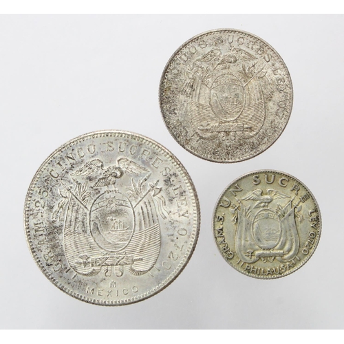 1528 - Ecuador (3) silver: Gram. 25 Cinco Sucres 1943 AU, Gram. 10 Dos Sucres 1944 EF, and Gram. 5 Un Sucre... 