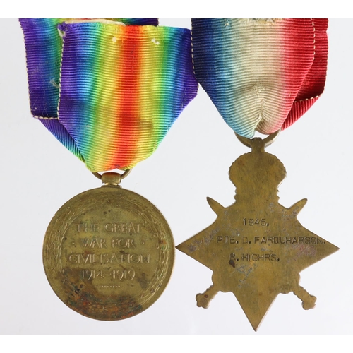 153 - 1915 Star and Victory Medal to 1845 Pte D Farquharson R.Highrs. Served 6th Bn. Wounded 1915. Entitle... 